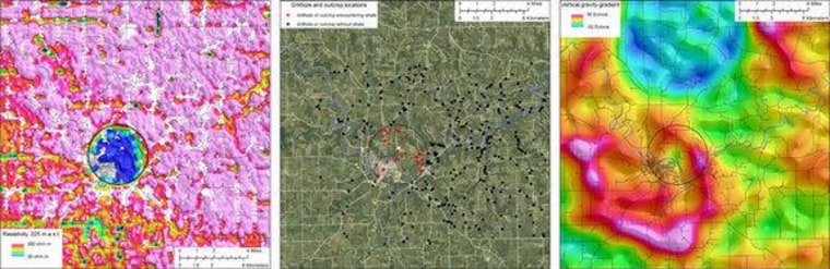 Data from drill cores and an aerial electromagnetic survey show the Decorah Impact Structure.