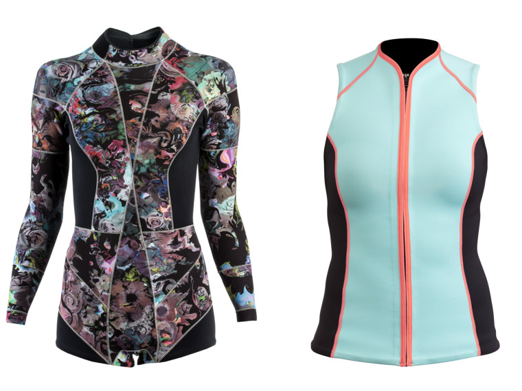 Stylish surf protection: Cynthia Rowley's floral wetsuit ($375) and a rash guard from the DVF Loves ROXY collection ($88).