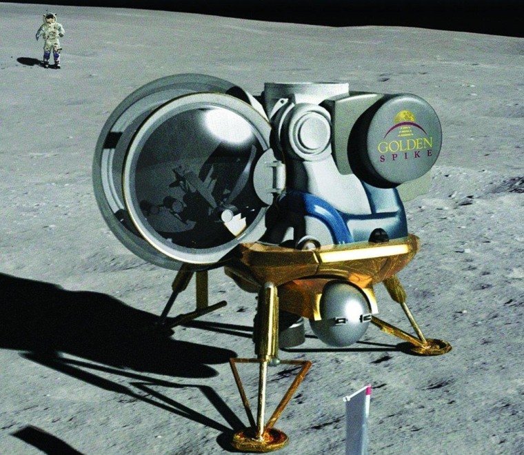 An artist's conception from the Golden Spike Company shows a lunar lander in the foreground, and a moonwalking astronaut in the background.