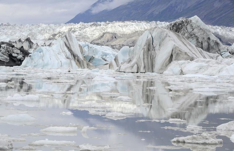 Lowell Glacier rises from waters in Kluane National Park, near Haines Junction in Canada's Yukon Territory.