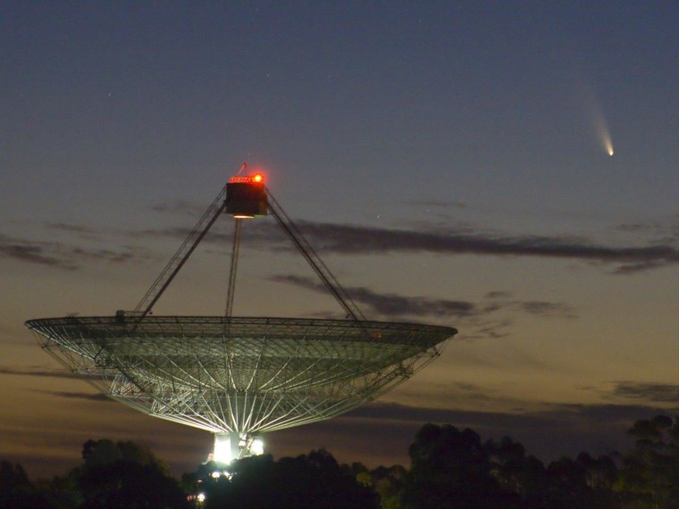 John Sarkissian, operations scientist at the Parkes Radio Observatory in Australia, captured this view of Comet PanSTARRS hanging in the sky over the Parkes Radio Telescope on March 5. The telescope was made famous in a movie from 2000 titled
