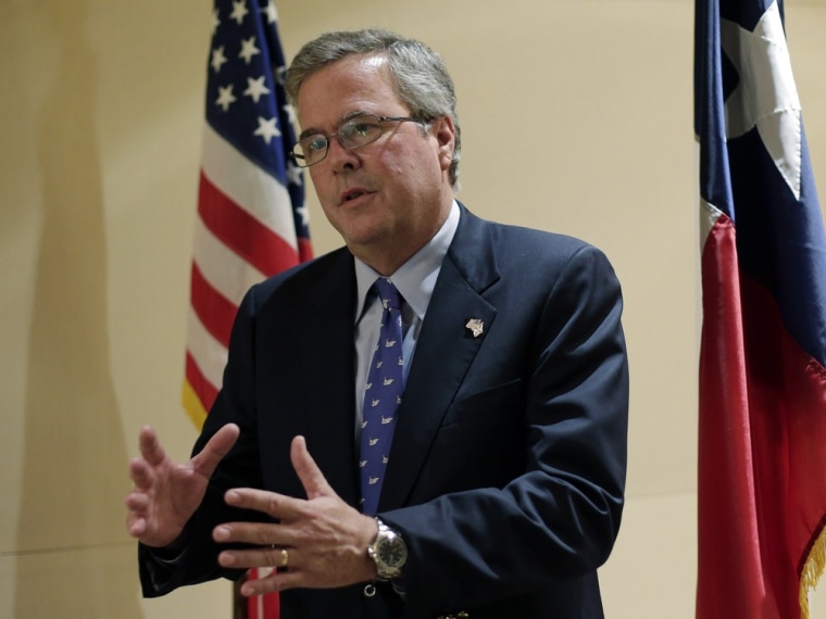 Jeb Bush talks with the media following his address on education to the Texas Business Leadership Council, Tuesday, Feb. 26, 2013, in Austin, Texas.