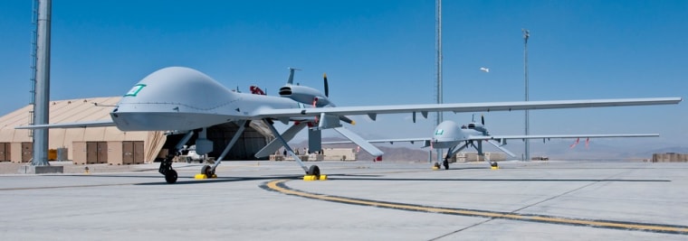 Two freshly assembled Grey Eagle unmanned aerial vehicles sit on the tarmac at Forward Operating Base Shan in Logar Province, Afghanistan in April, 2012.