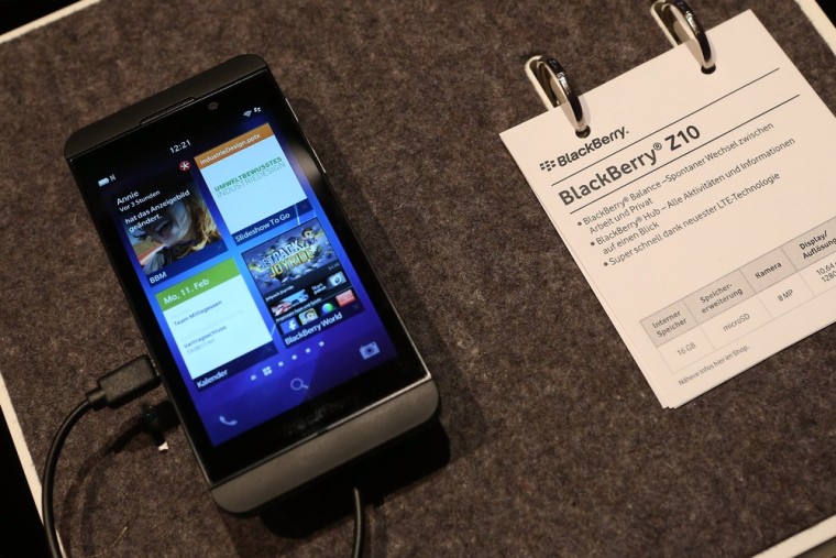 A Blackberry Z10 smartphone, which is the Germany version of the Blackberry 10, lies on display at the Vodafone stand at the 2013 CeBIT technology tra...