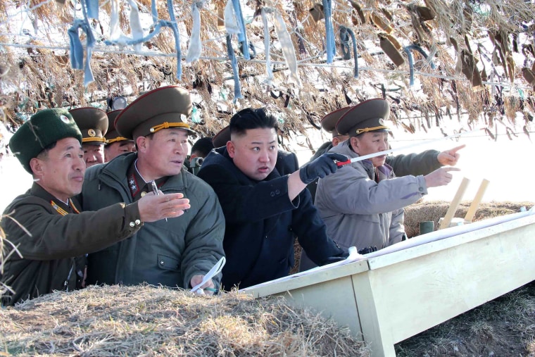 North Korean leader Kim Jong-Un (C) visits the Wolnae Islet Defence Detachment in the western sector of the front line, which is near Baengnyeong Island of South Korea March 11, in this picture released by the North's official KCNA news agency in Pyongyang March 12, 2013. South Korea and U.S. forces are conducting large-scale military drills, while the North is also gearing up for a massive military exercise. North Korea has accused the U.S. of using the military drills in the South as a launch pad for a nuclear war and has said to scrap the armistice with the U.S. that ended the 1950-53 Korean War.