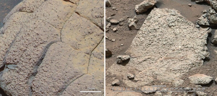 This set of images compares rocks seen by NASA's Opportunity rover and Curiosity rover on two different parts of Mars. On the left is