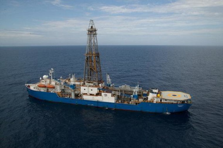 The ship-based drilling platform off the Washington coast, where scientists extracted seafloor mud and rocks.