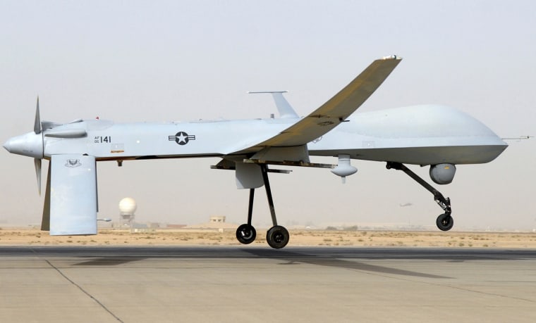 An MQ-1B Predator from the 46th Expeditionary Reconnaissance Squadron takes off from Balad Air Base in Iraq.