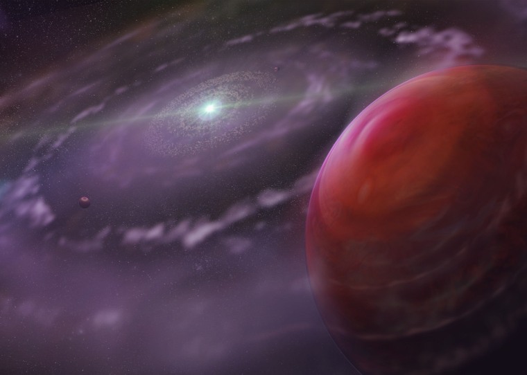 An artist's rendering shows the HR 8799 planetary system at an early stage in its evolution, with the giant planet HR 8799c in the foreground. That planet orbits its parent star at a distance comparable to Pluto's distance from our sun.