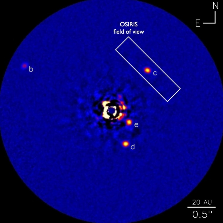 This is one of the discovery images of the HR 8799 planetary system, obtained by the Keck II telescope using the adaptive optics system and NIRC2 Near-Infrared Imager. The rectangle indicates the field-of view of the OSIRIS instrument, centered on HR 8799c.