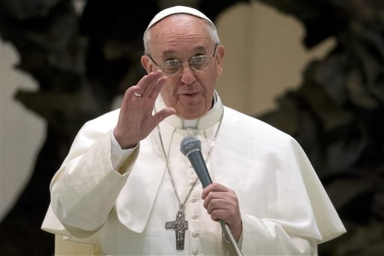 Pope Francis speaks during a meeting with the media at the Pope VI hall, at the Vatican, Saturday, March 16, 2013. Pope Francis offered intimate insig...