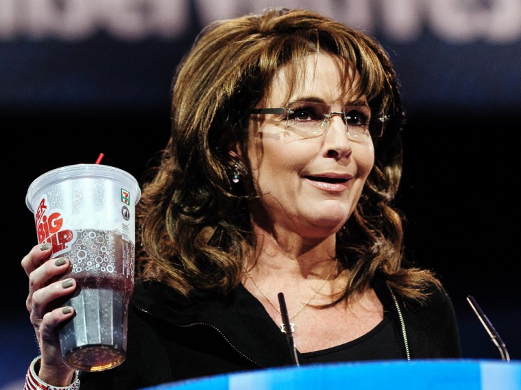 Sarah Palin holds up a large soda as she speaks about New York City Mayor Michael Bloomberg's proposed large soda ban, at the 2013 Conservative Political Action Conference March 16, 2013 in National Harbor, Md.