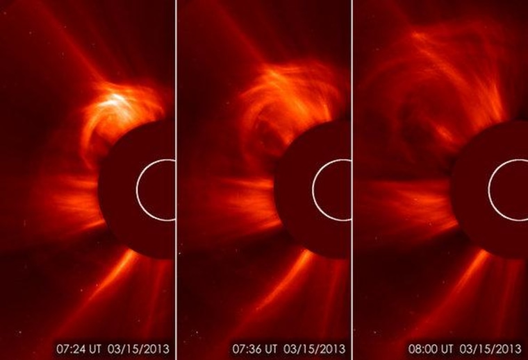 The European Space Agency and NASA Solar Heliospheric Observatory (SOHO) captured these images of the sun spitting out a coronal mass ejection on March 15, 2013.