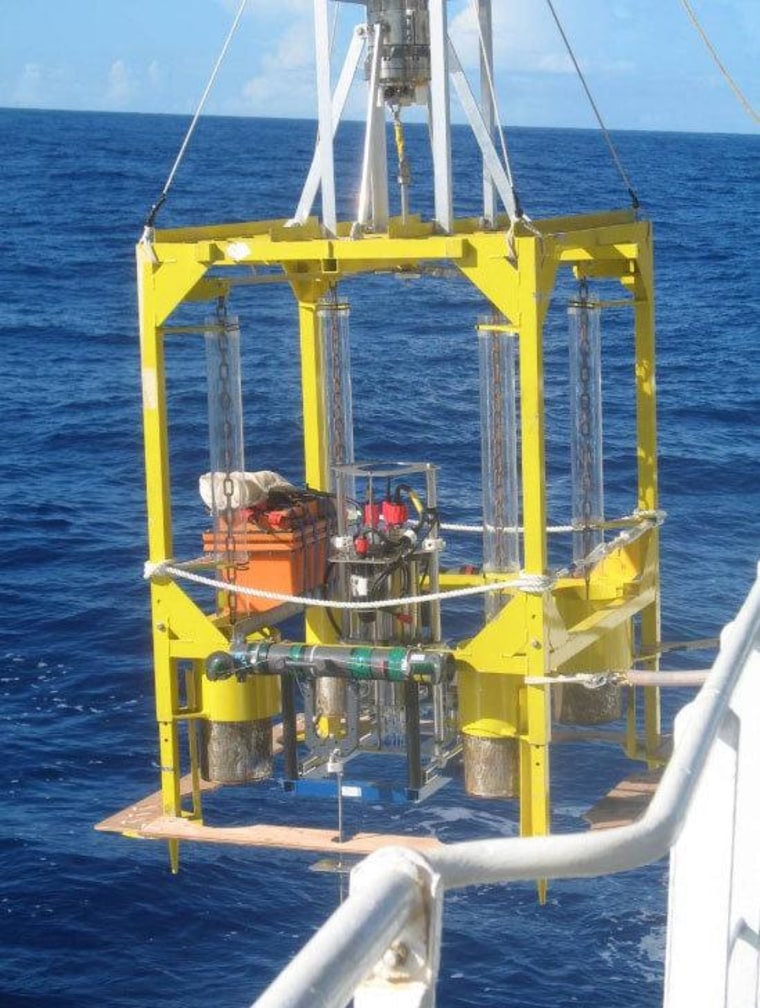 The central part of the autonomous instrument that was deployed to measure the oxygen dynamics of the sea-bed in the Mariana Trench at a depth of 11 km. Data documented intensified microbial life in the bottom of the trench as compared to conditions at the surrounding abyssal plains at 6 km water depth.