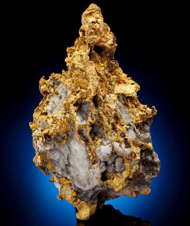 The tyrannosaur of the minerals, this gold nugget in quartz weighs more than 70 ounces (2 kilograms).