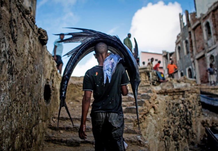 A man carrying a large sailfish to the fish market in the Xamar Weyne district of Mogadishu, Somalia, on March 16, 2013.