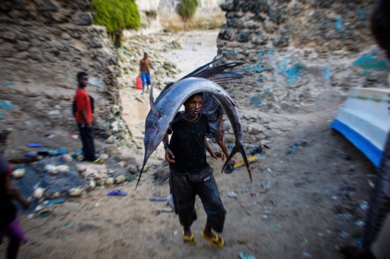 A man carrying a large sailfish to the fish market in the Xamar Weyne district of Mogadishu on March 16, 2013.