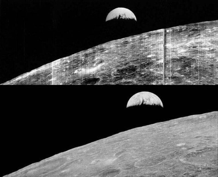 \"Earthrise\" as seen in 1966 (top), and then again in 2008 as recovered by the Lunar Orbiter Image Recovery Project.