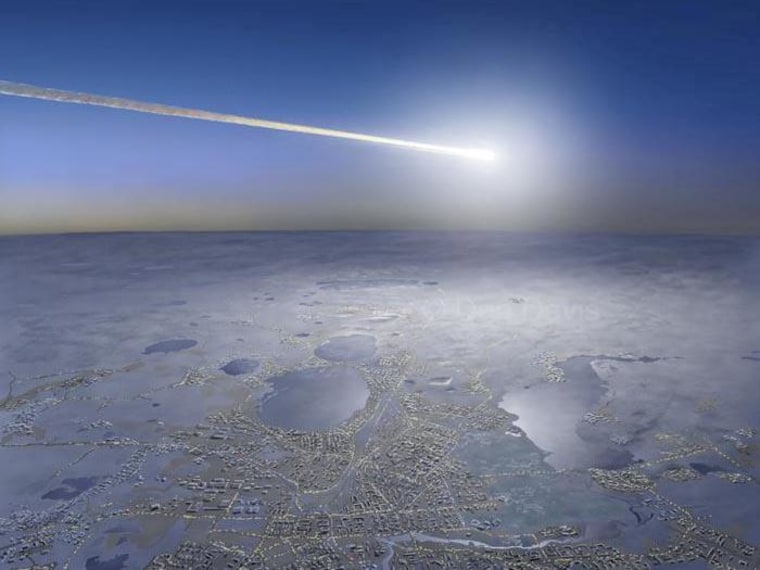 Artwork by Don Davis shows a meteor streaking across the skies over the Russian city of Chelyabinsk. More of Davis' work is available at his website, DonaldEDavis.com.