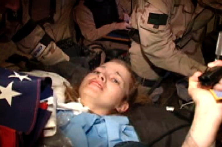 Undated footage from a combat camera video shows U.S. PFC Jessica Lynch on a stretcher during her rescue from Iraq.