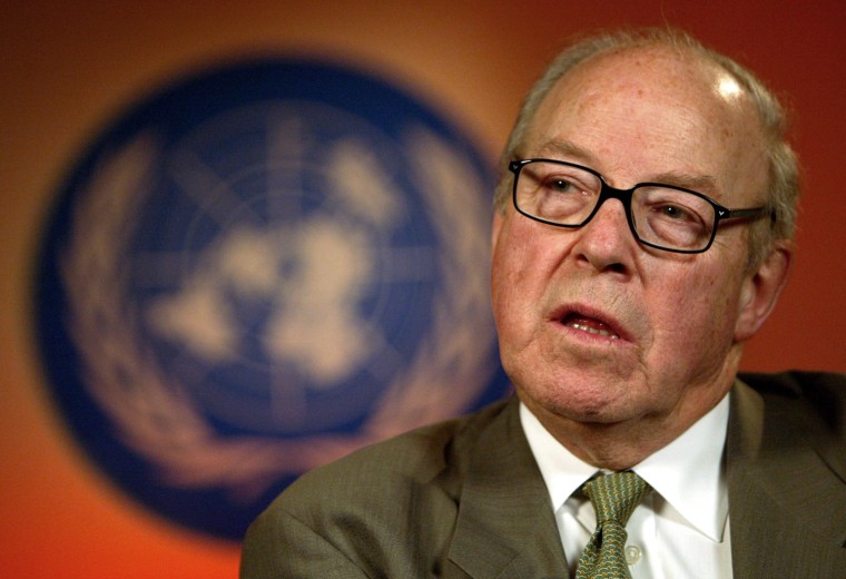 United Nations chief weapons inspector Hans Blix speaks during a television interview at the U.N. headquarters in Baghdad on Feb. 9, 2003.