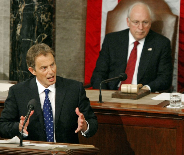 British Prime Minister Tony Blair addresses a joint meeting of the U.S. Congress as Vice President Dick Cheney looks on in Washington on July 17, 2003.