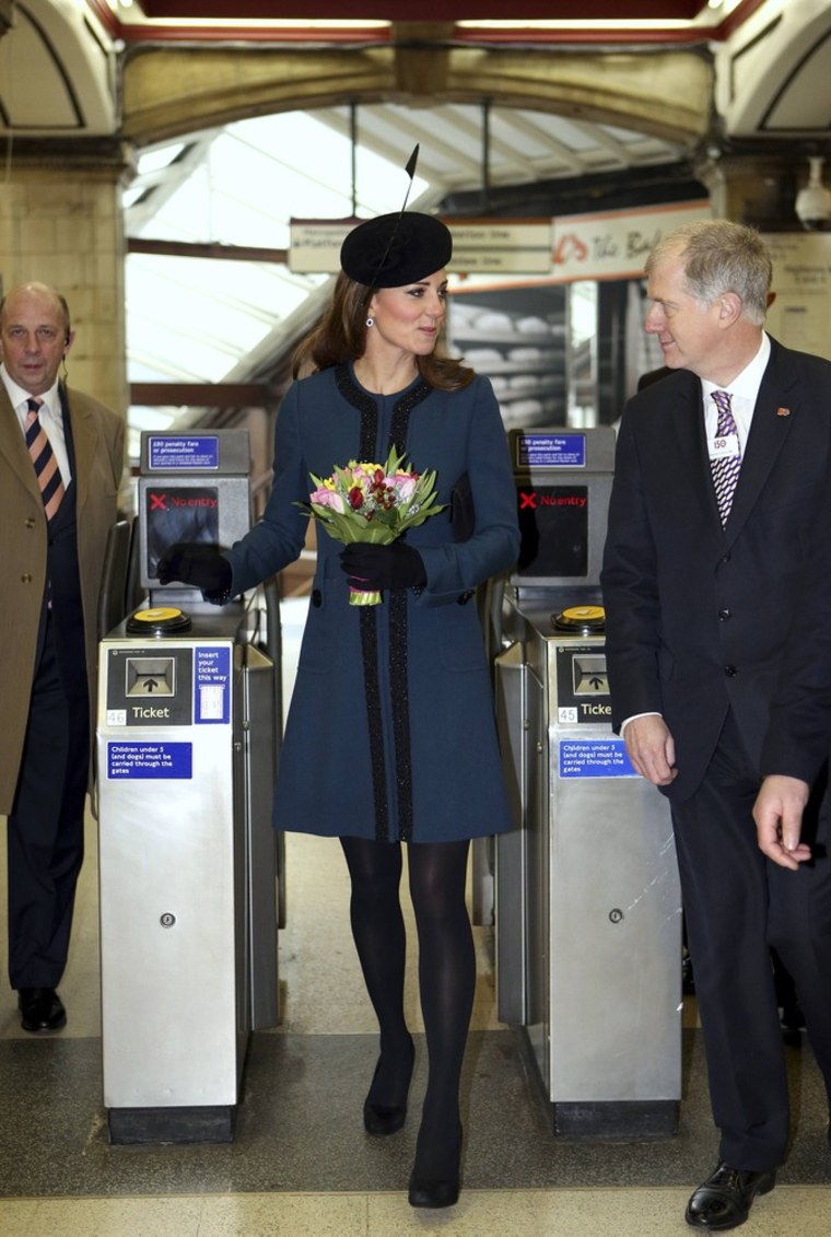 The Duchess of Cambridge visits Baker Street underground station in London on March 20. The visit was to mark the 150th anniversary of the London Underground.