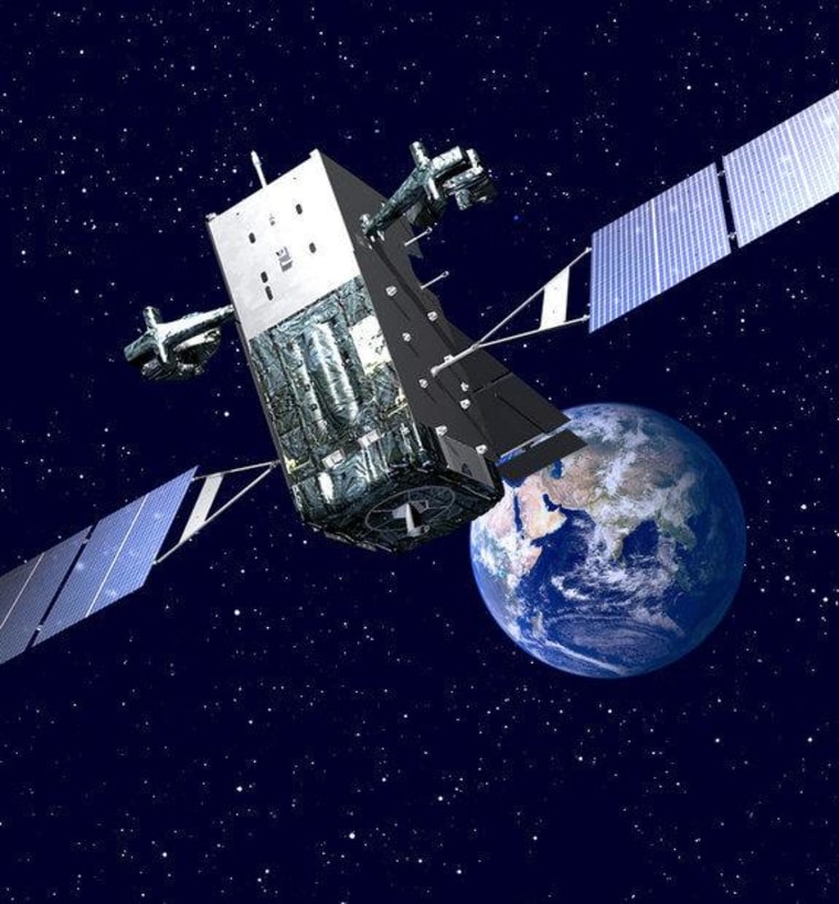 An artist's illustration of a Lockheed Martin-built Space Based Infrared System Geosynchronous missile warning satellite for the U.S. military in orbit.