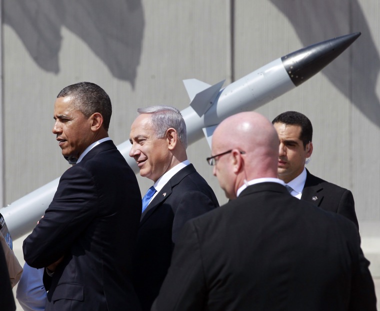President Barack Obama, left, and Israeli Prime Minister Benjamin Netanyahu view an Iron Dome missile defense battery at Ben Gurion International Airport Airport in Tel Aviv, on March 20. Obama said at the start of his first official visit to Israel on Wednesday that the U.S. commitment to the security of the Jewish state was rock solid and that peace must come to the Holy Land.