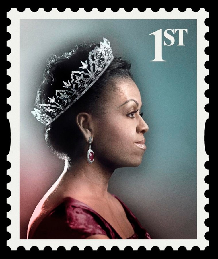 Image: Michelle Obama portrayed as queen on a British postage stamp in an ad