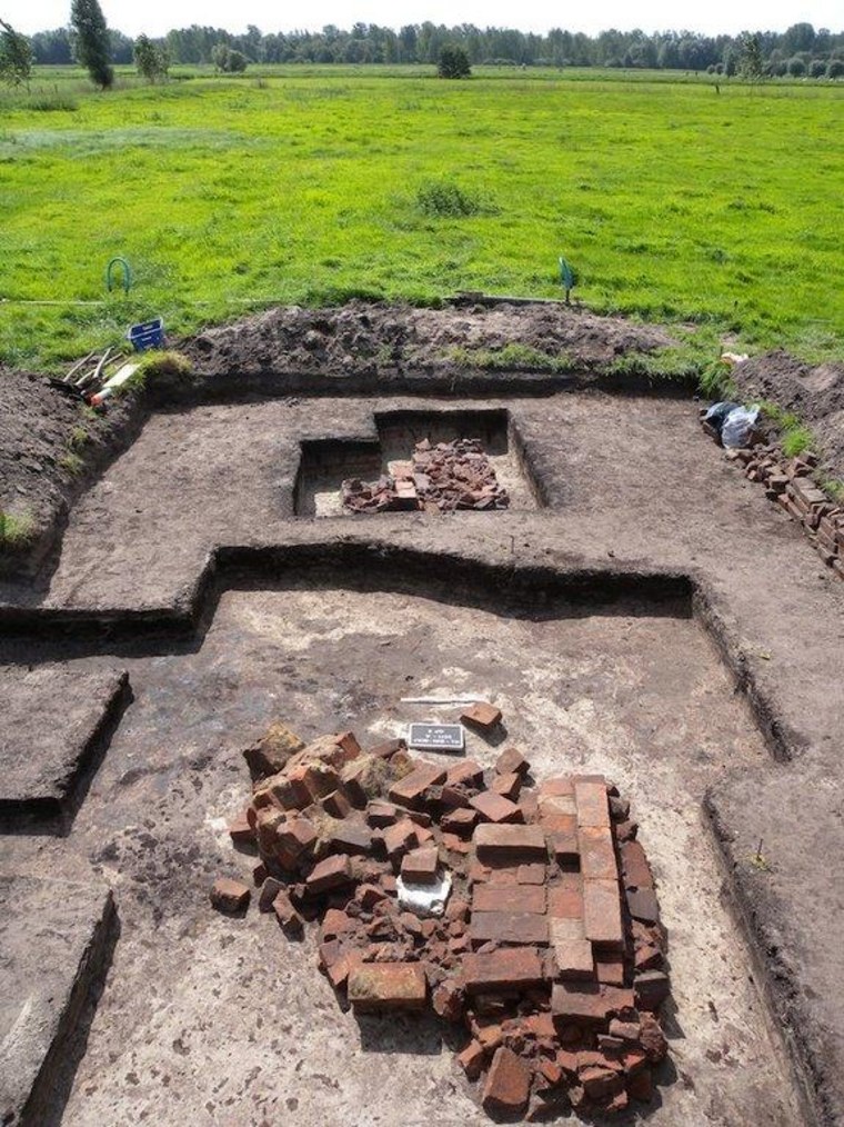 The excavation of foundations of medieval monastery buildings; the surface showed no sign of the foundations.