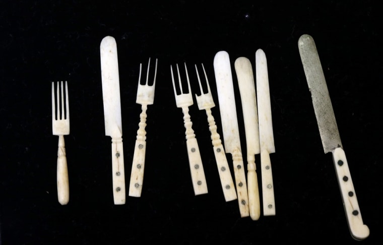A miniature cutlery set made from bones in an unknown inmate’s soup at the Eastern State Penitentiary in Philadelphia.