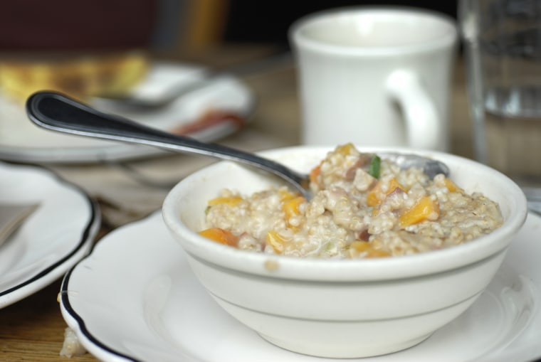 Butternut squash oatmeal with chilies and smoked bacon from The Farm on Adderley in Brooklyn, NY.