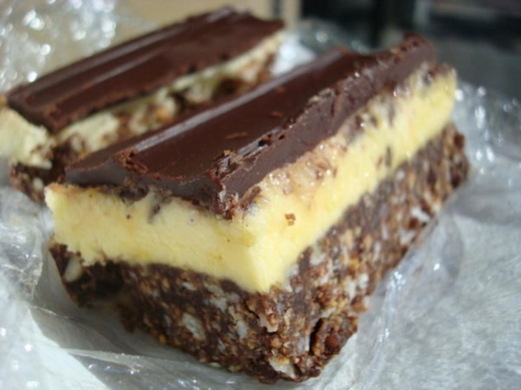 Tha Nanaimo Bar: arguably Canada's finest culinary export, a no-bake bar cookie featuring a coconut-chocolate crumb base, custard midsection, and chocolate topping for good measure. This one was eaten at the source, at the cafe next to the City of Nanaimo Museum.