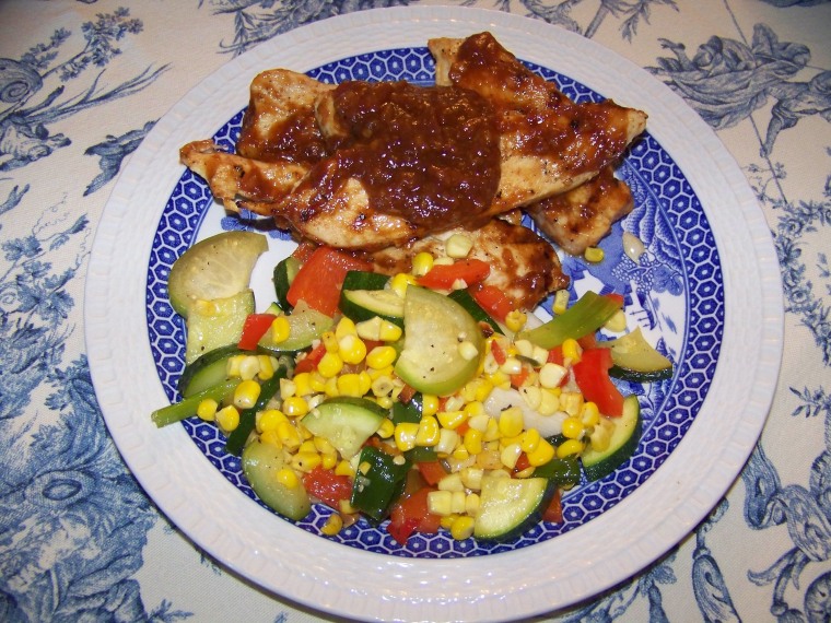 Try making Sarah Bennet's winning dish, peach bbq chicken with garden saute.