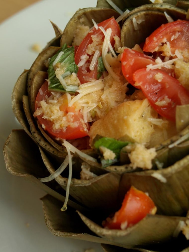 \"Stuffed Artichoke\" - a steamed artichoke stuffed with day old country bread, tomatoes, basil, olive oil, red wine vinegar, garlic and parm.
