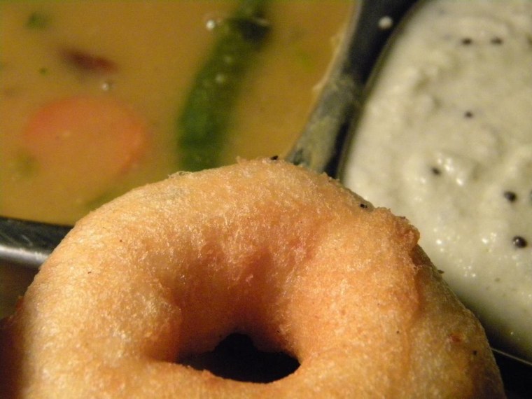 Indian savory doughnut -- vada and shambahr and  coconut chutney
