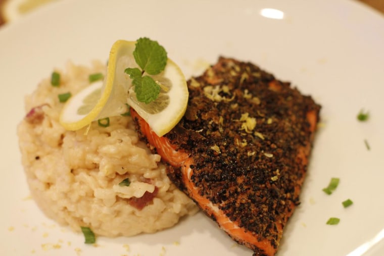 A delightful, but spicy, pepper-crusted salmon steak with a little over-the-top guanciale risotto!