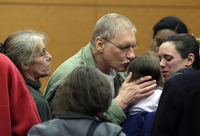 David Ranta kisses a family member after Judge Miriam Cyrulnik freed him, in state Supreme Court in Brooklyn, New York, on March 21.