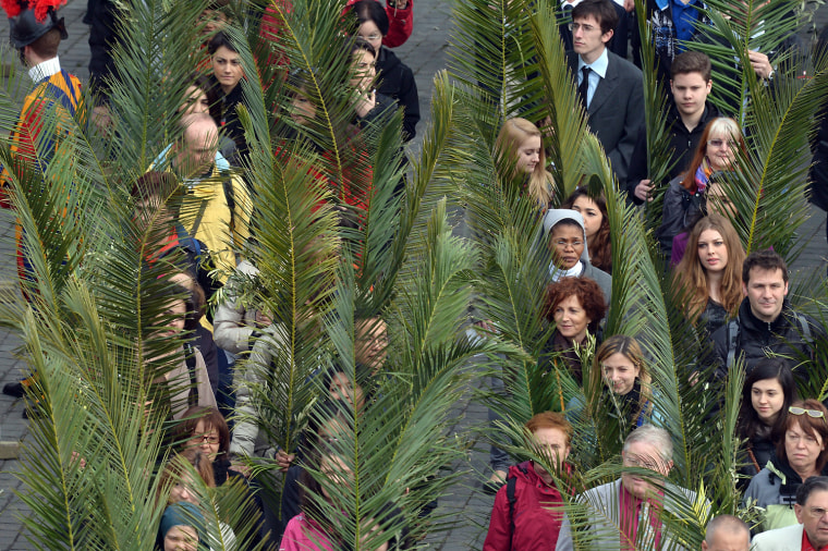 People carry palm fronds as they arrive in St. Peter's Square.