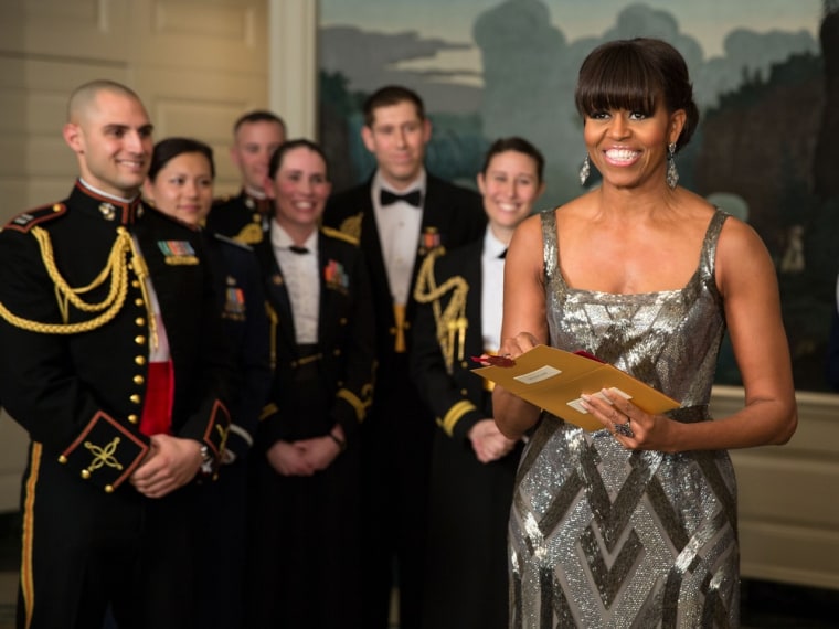 This White House photo shows First Lady Michelle Obama announcing the Best Picture Oscar winner from the White House on Feb. 24, 2013.