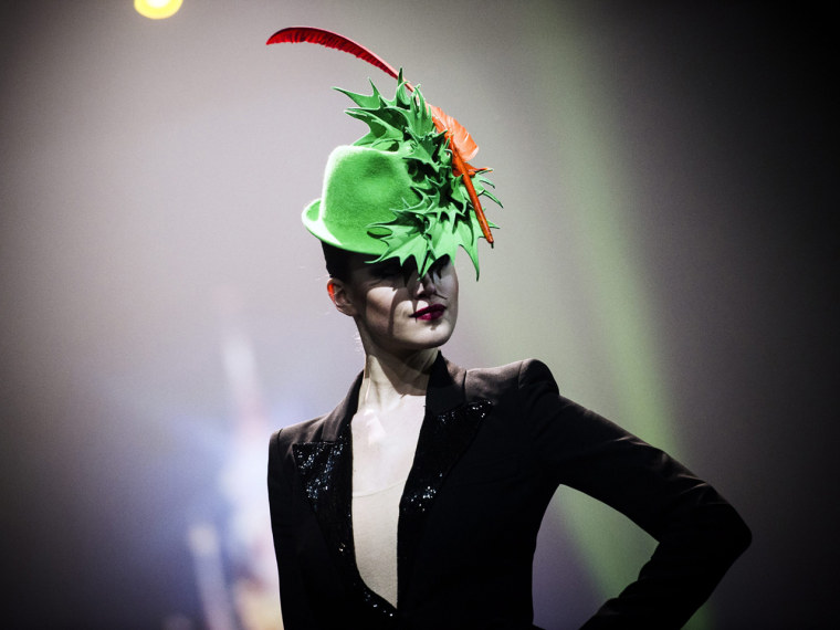 A model displays a creation by Irish fashion designer Philip Treacy during fashion show presenting the creations of various designers in relation with...