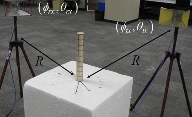 This image shows the experimental set-up for far-field microwave observations. The cylinder at the center of the scene is a ceramic rod wrapped in an invisibility cloak that's just a tenth of a millimeter thick.