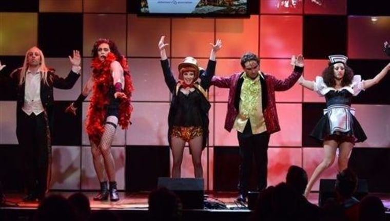 The stars of \"Big Bang Theory, from left, Simon Helberg, Jim Parsons, Melissa Rauch, Johnny Galecki and Kaley Cuoco perform onstage at the 21st Annual \"A Night at Sardi's\" to benefit the Alzheimer's Association at the Beverly Hilton Hotel on Wednesday, March 20, 2013.