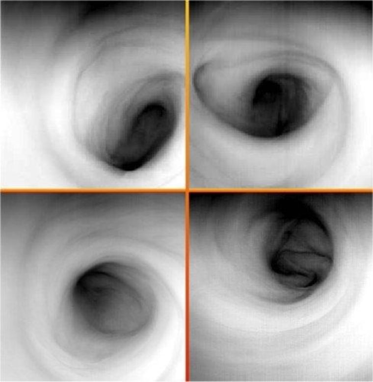 The large storm at the south pole of Venus rotates once every 2.2 days. Smaller elements of the vortex are constantly being destroyed and re-forming.