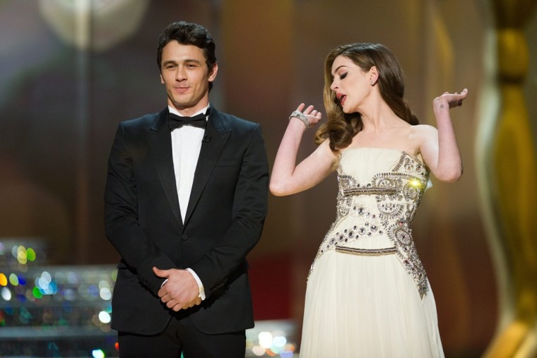James Franco and Anne Hathaway hosting the 83rd annual Academy Awards in Hollywood, on Feb. 27, 2011.