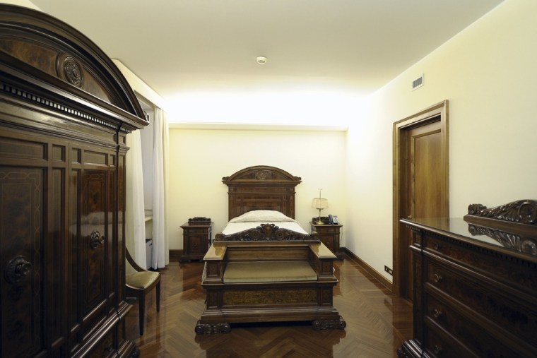 The bedroom of the suite at the Vatican's Santa Martha hotel where Pope Francis is living even though renovations on the papal apartment in the Apostolic Palace have been completed.