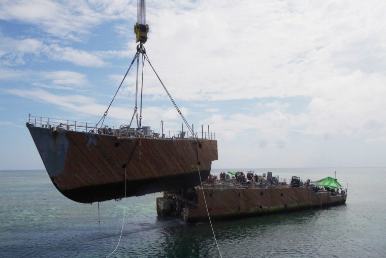 March 26: The bow of the ship is raised.