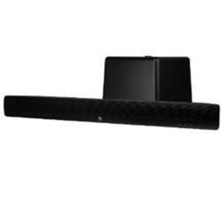 A sound bar (shown here with a subwoofer) is a popular alternative to a full set of speakers.