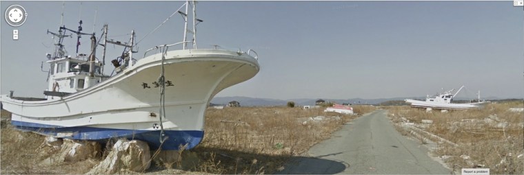 A screenshot made from the Google Maps website shows stranded ships left as a testament to the power of the tsunami which hit the area, near a road in Namie, Japan.